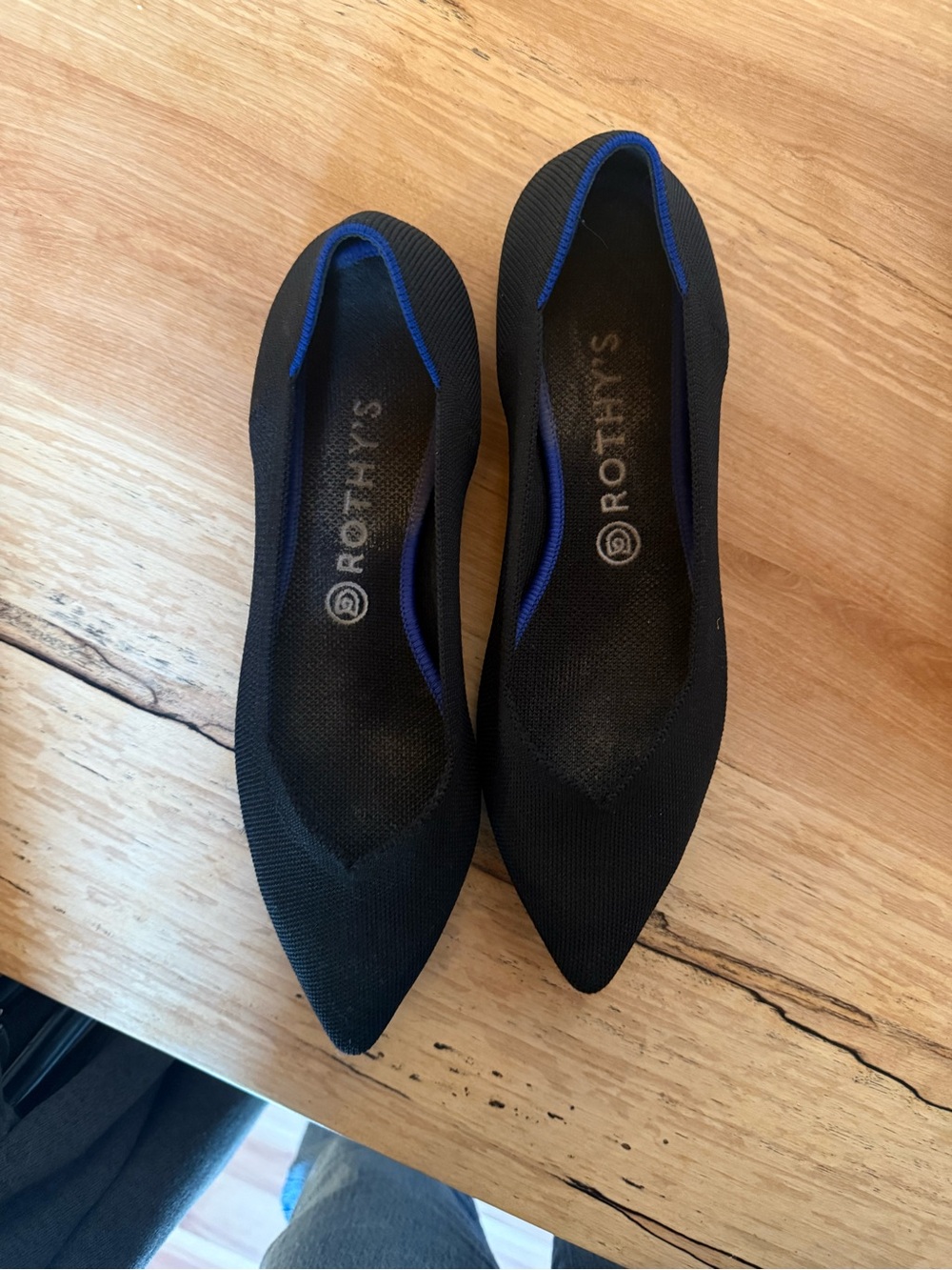 Rothy's Black Pointed Knit Flats with Blue Trim